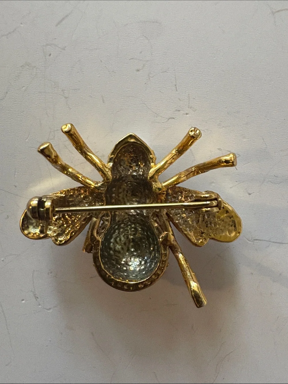 Gold and Crystal Bee Brooch with Green Accents
